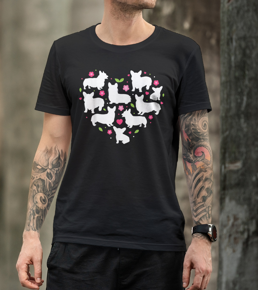 Corgi Silhouettes Heart Valentines Day Cute Dogs And Flowers T-Shirt