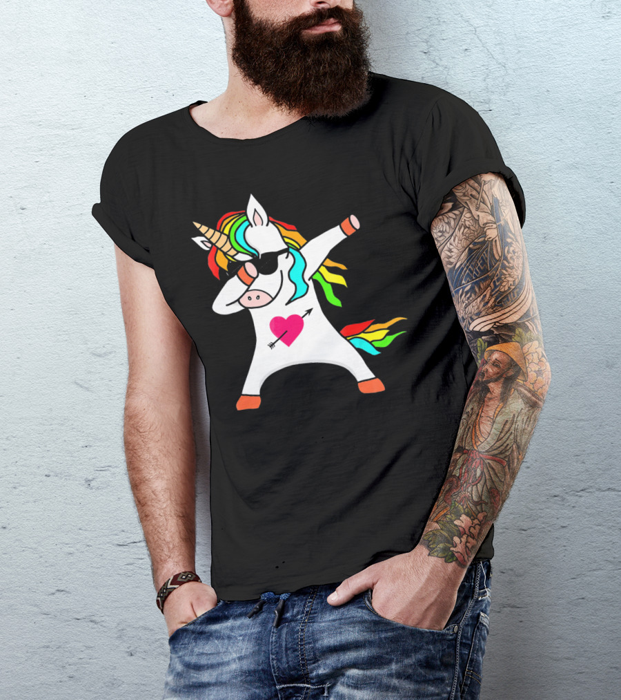 Funny Heart Valentines Day Dabbing Unicorn With Rainbow Mane And Sunglasses T-Shirt