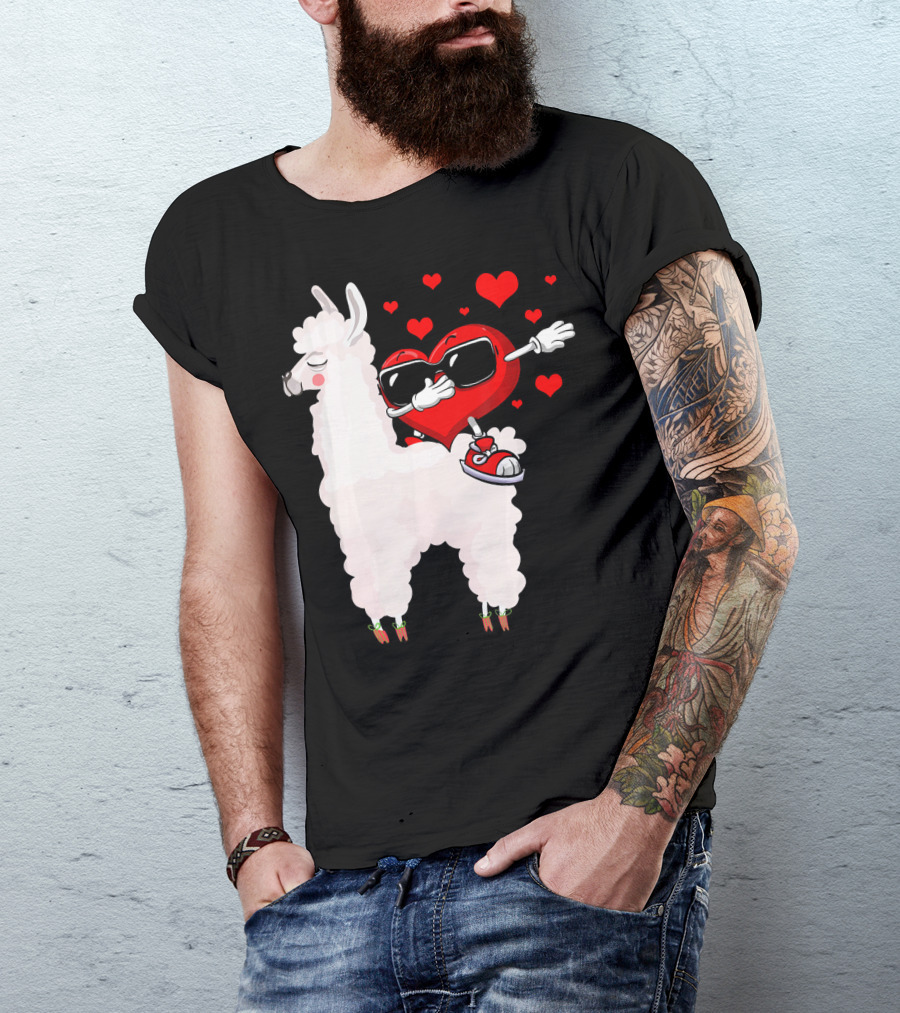 Funny Heart Dabbing On Llama Surrounded By Hearts Valentin T-Shirt