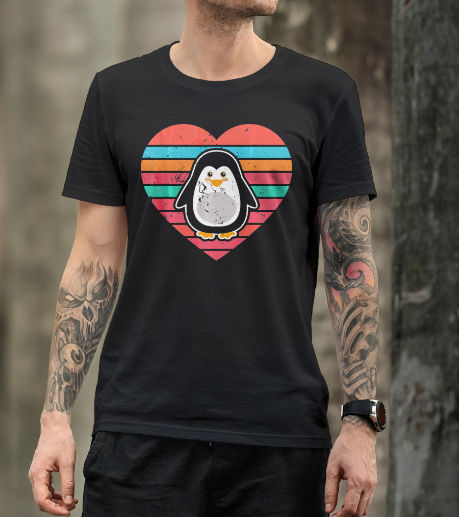 Funny Penguin Valentines Day Heart Stripes T-Shirt