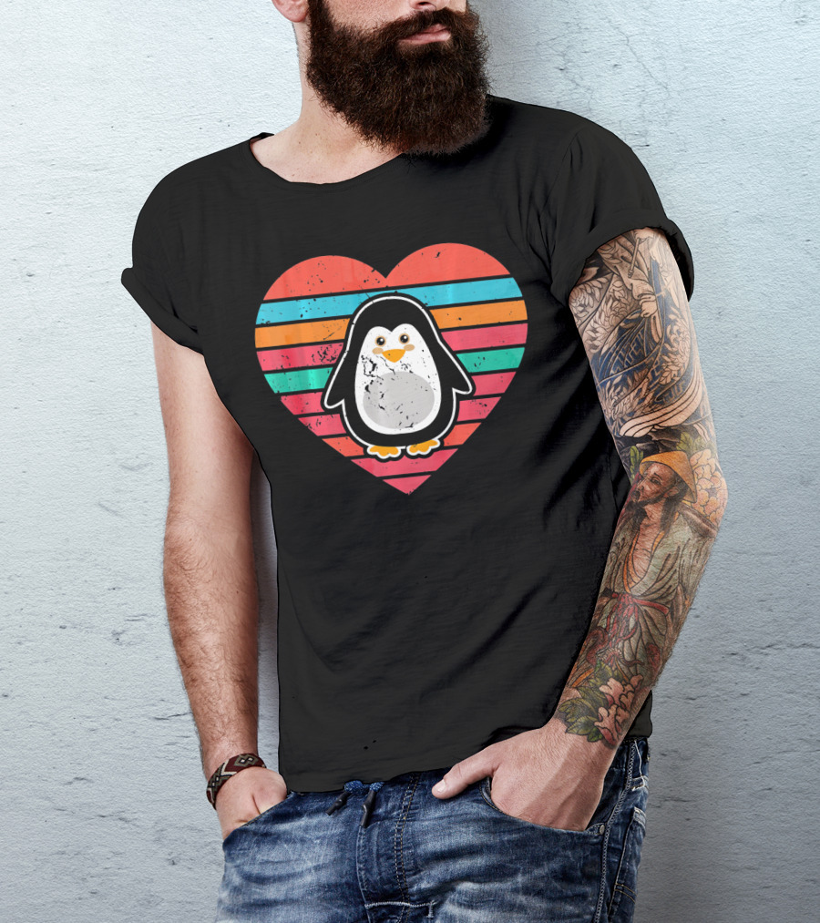 Funny Penguin Valentines Day Heart Stripes T-Shirt