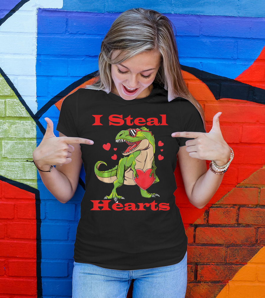 Funny Valentine Dinosaur Rex I Steal Hearts T-Shirt