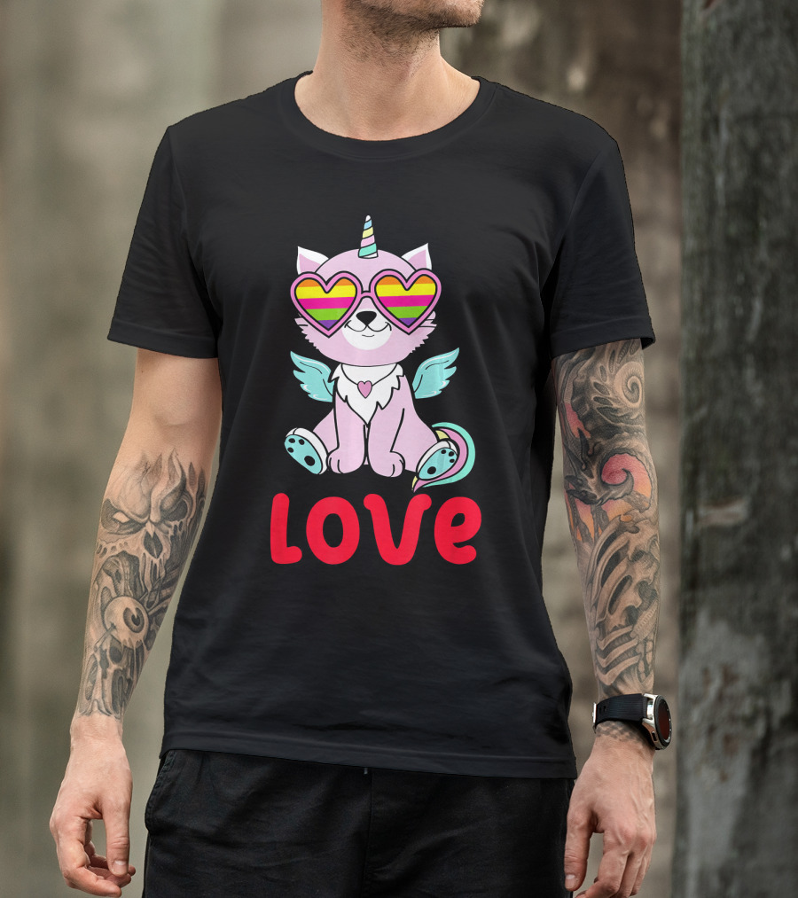 Valentines Day Love Heart Caticorn With Rainbow Sunglasses T-Shirt