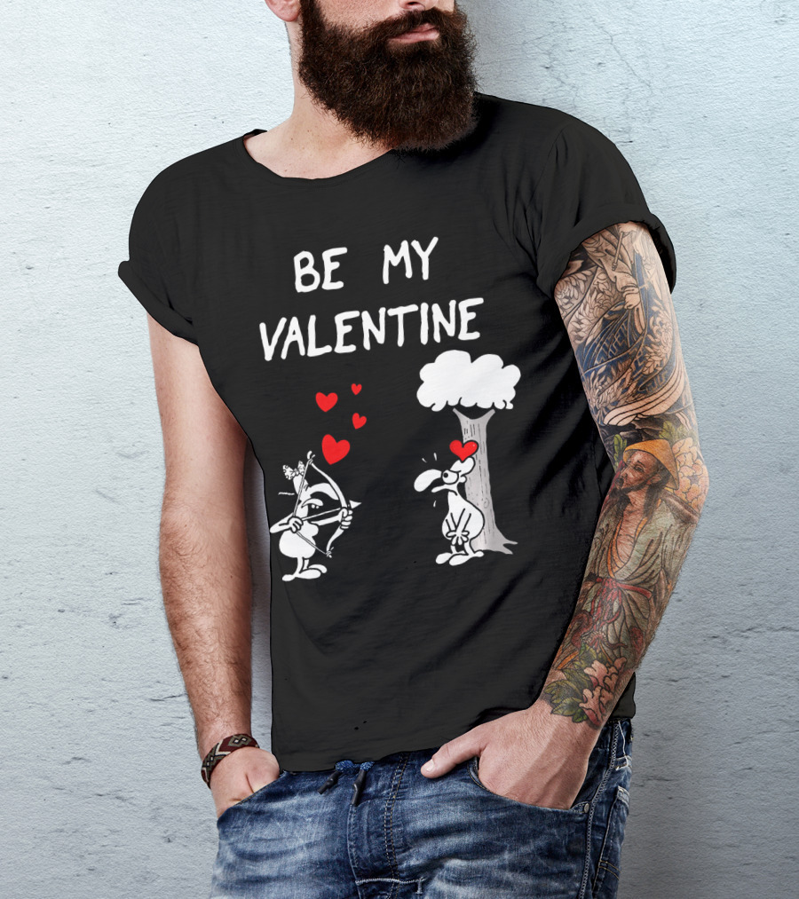 BE MY VALENTINE Funny Valentines Day Cupid Cartoon Hearts Tree T-Shirt
