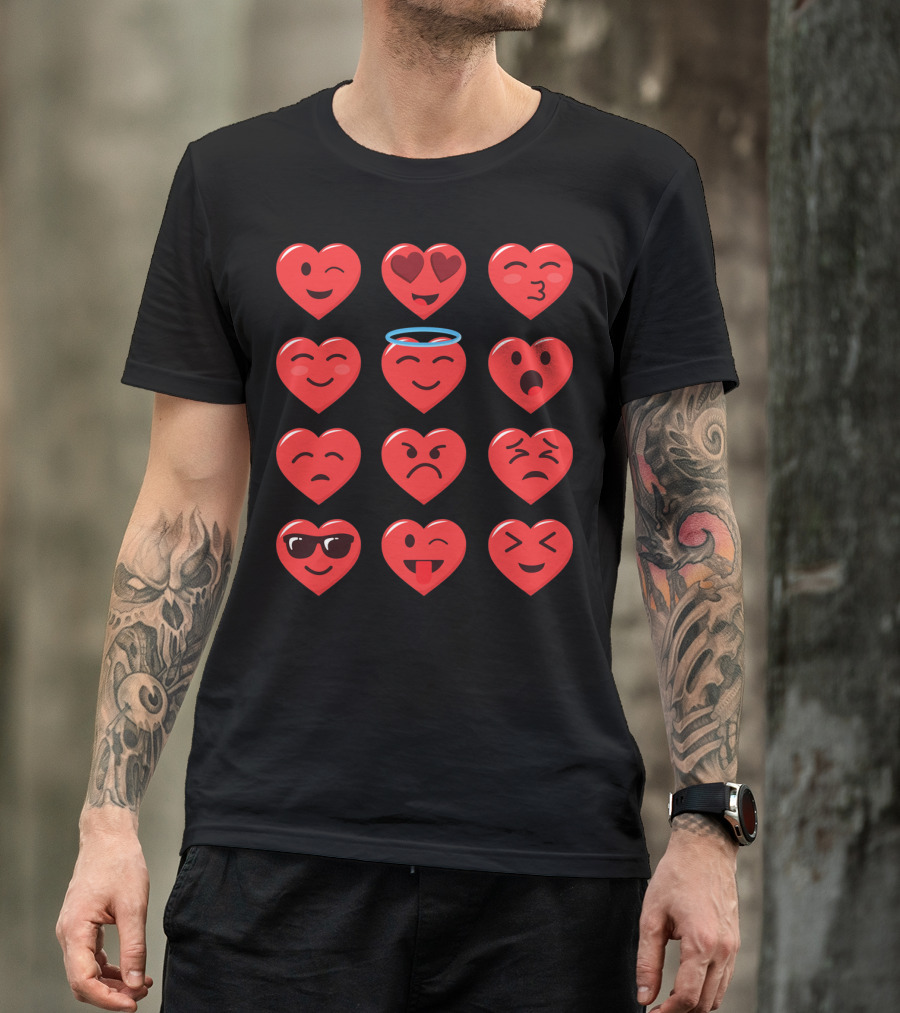 Funny Valentines Day Heart Emojico Winking Heart Eyes Angel Sunglasses Tongue Out T-Shirt