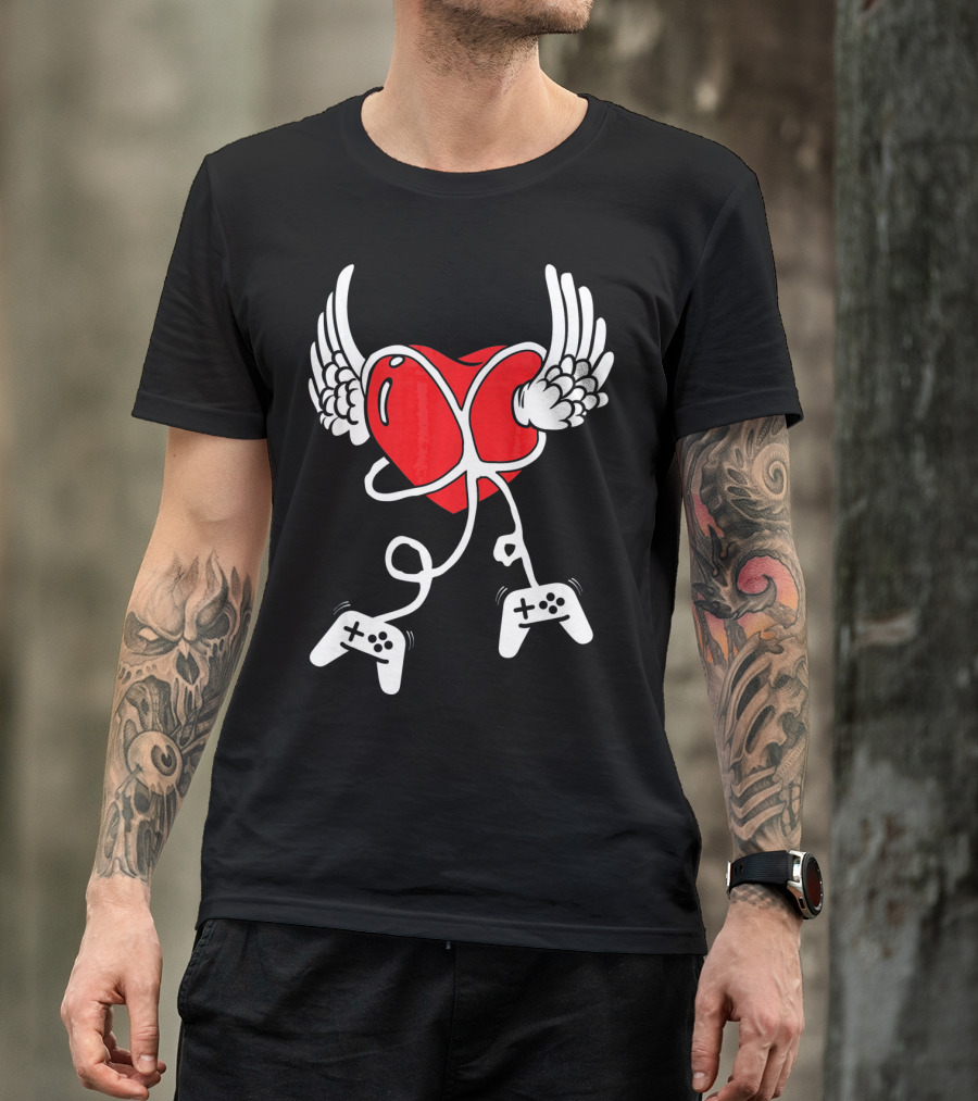 Valentines Day Heart With Wings And Video Gamer Controllers T-Shirt