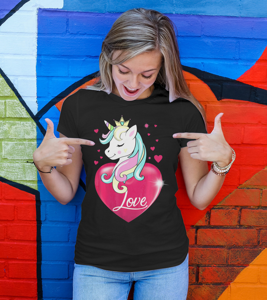 Love Heart Unicorn With Crown And Hearts Valentine's Day T-Shirt