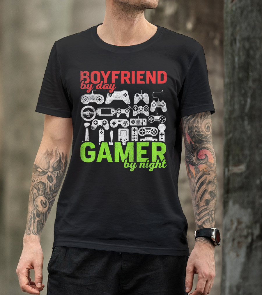 Boyfriend By Day Gamer By Night Valentines Day Gamer Controllers T-Shirt