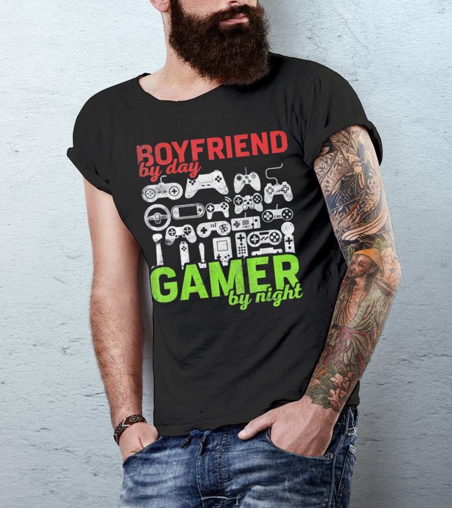 Boyfriend By Day Gamer By Night Valentines Day Gamer Controllers T-Shirt