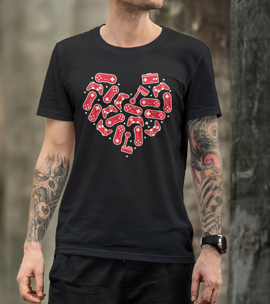 Gamer Valentines Day Couple Heart With Gaming Controllers And Joysticks T-Shirt