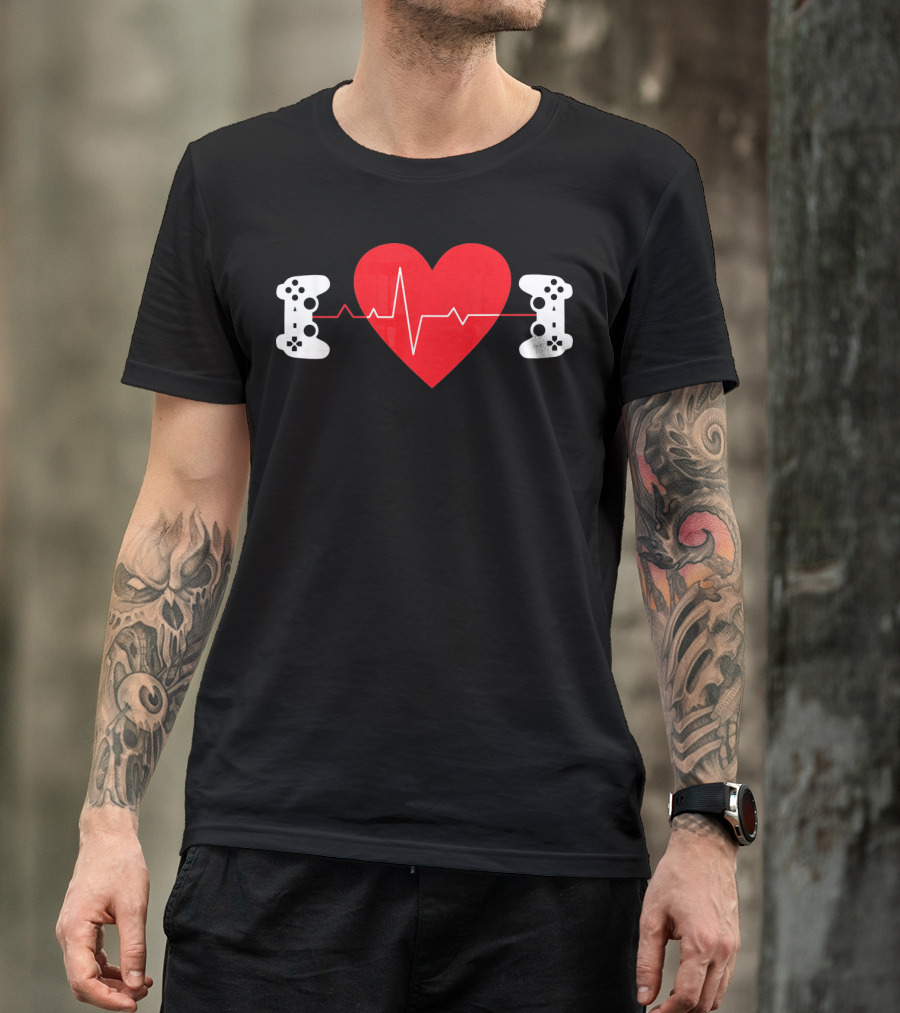 Gaming Valentine Hear Gamer Couple Controller Heartbeat T-Shirt