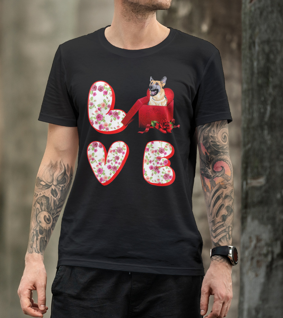 Valentine Love With German Shepherd In Floral Heart T-Shirt