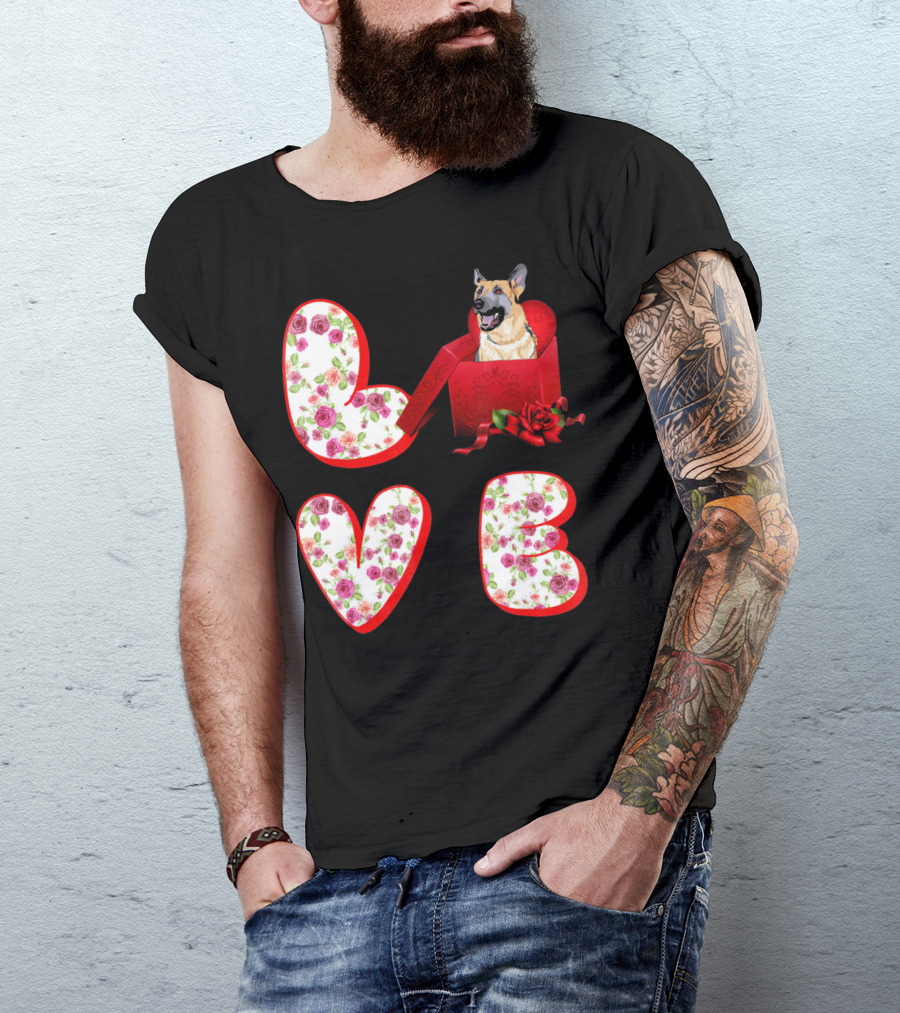 Valentine Love With German Shepherd In Floral Heart T-Shirt