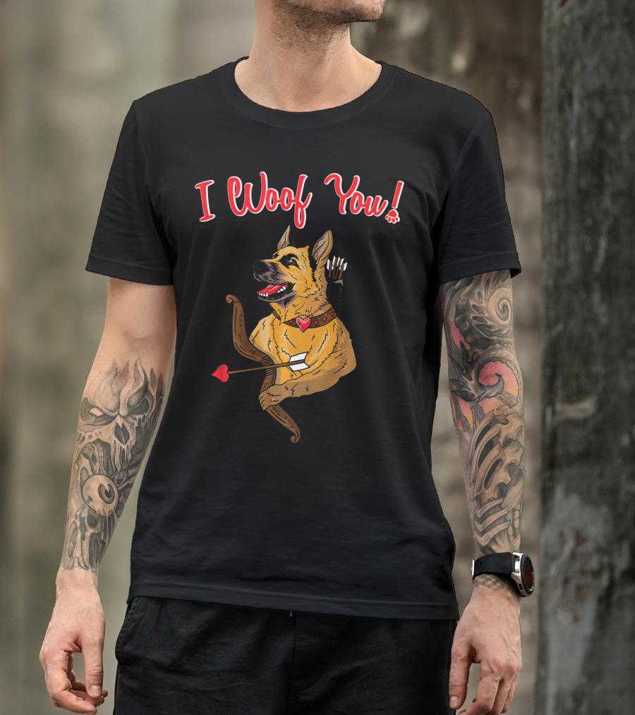 I Woof You German Shepherd Cupid With Heart Arrow Bow T-Shirt
