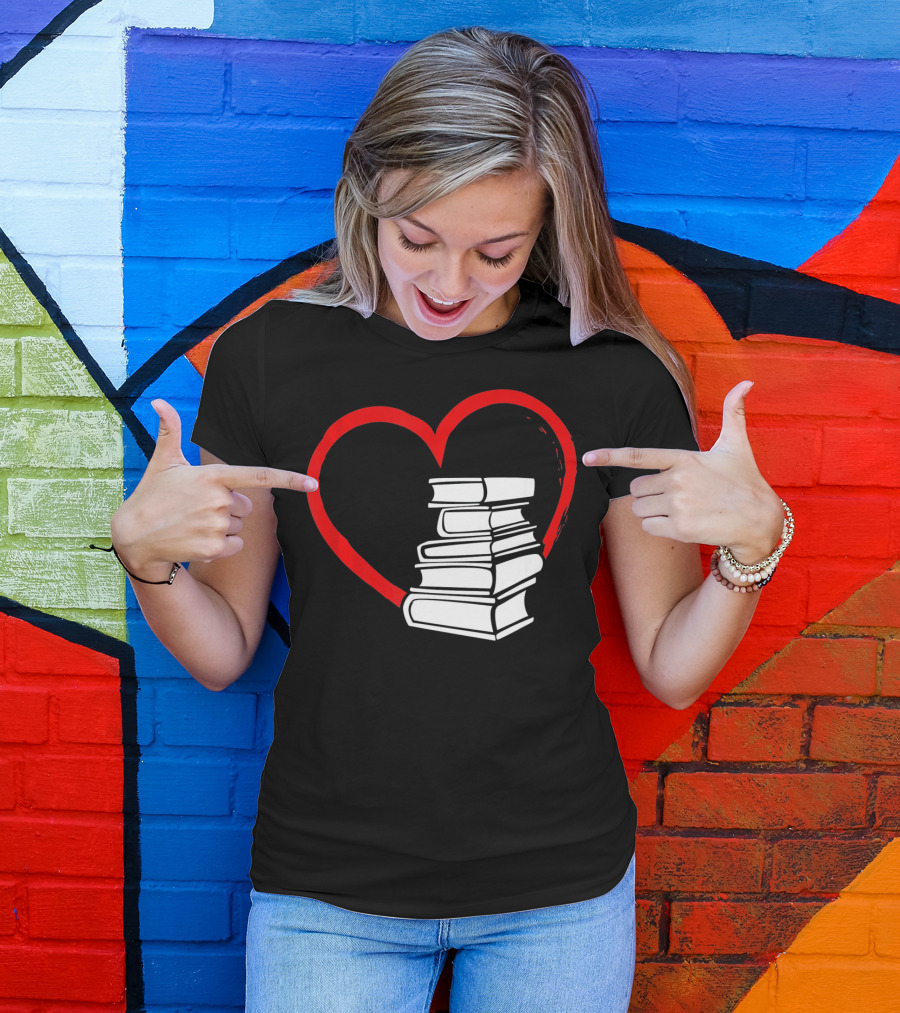 Heart And Book Stack For Book Lovers T-Shirt