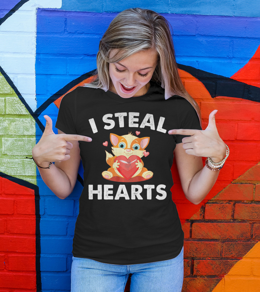 I Steal Hearts Kids Kitty Valentines Day T-Shirt