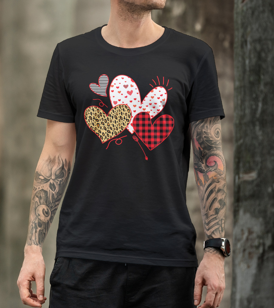 Girls Valentines Day Love Hearts Leopard Plaid T-Shirt