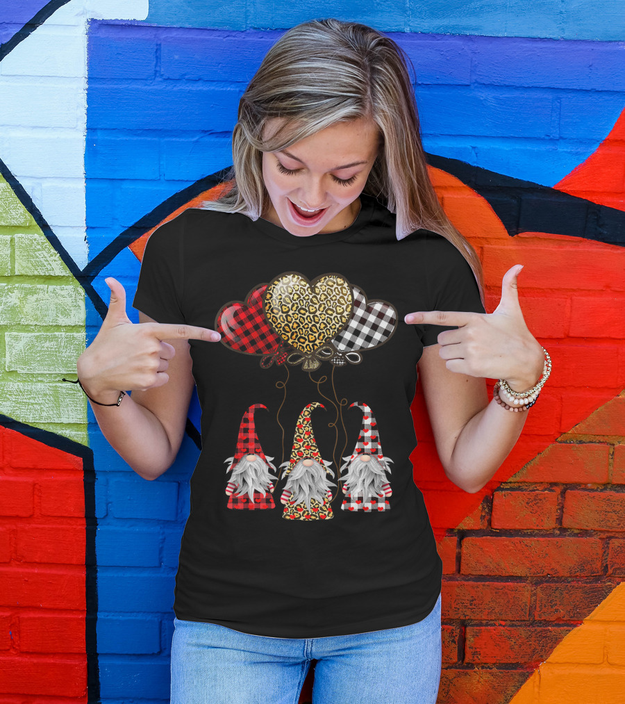 Gnomes Holding Heart Balloons With Buffalo Plaid And Leopard Print T-Shirt