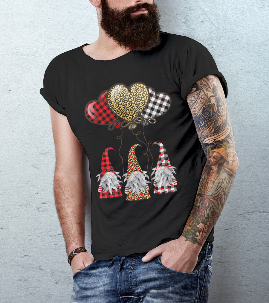 Gnomes Holding Heart Balloons With Buffalo Plaid And Leopard Print T-Shirt