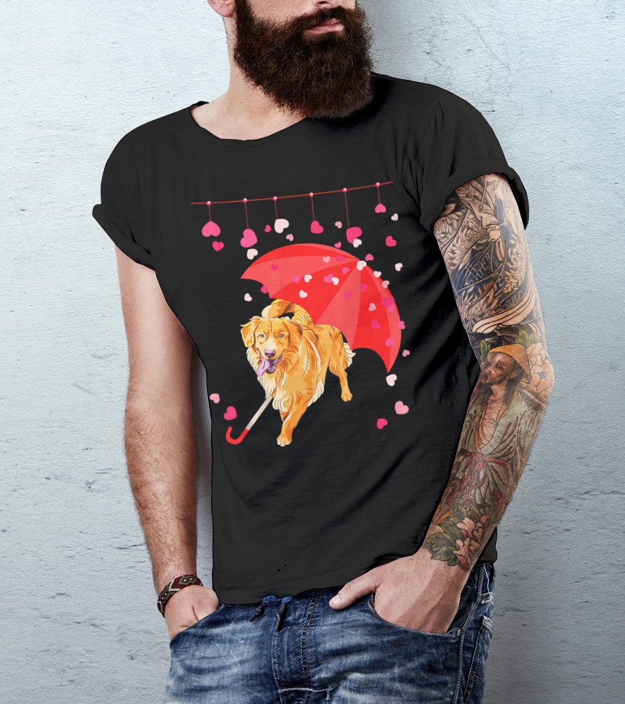 Golden Retriever With Umbrella And Falling Hearts Valentin T-Shirt