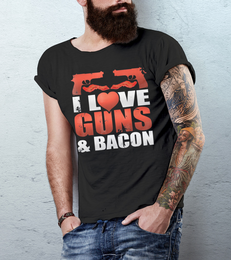 I Love Guns And Bacon Heart Symbol Pistols T-Shirt
