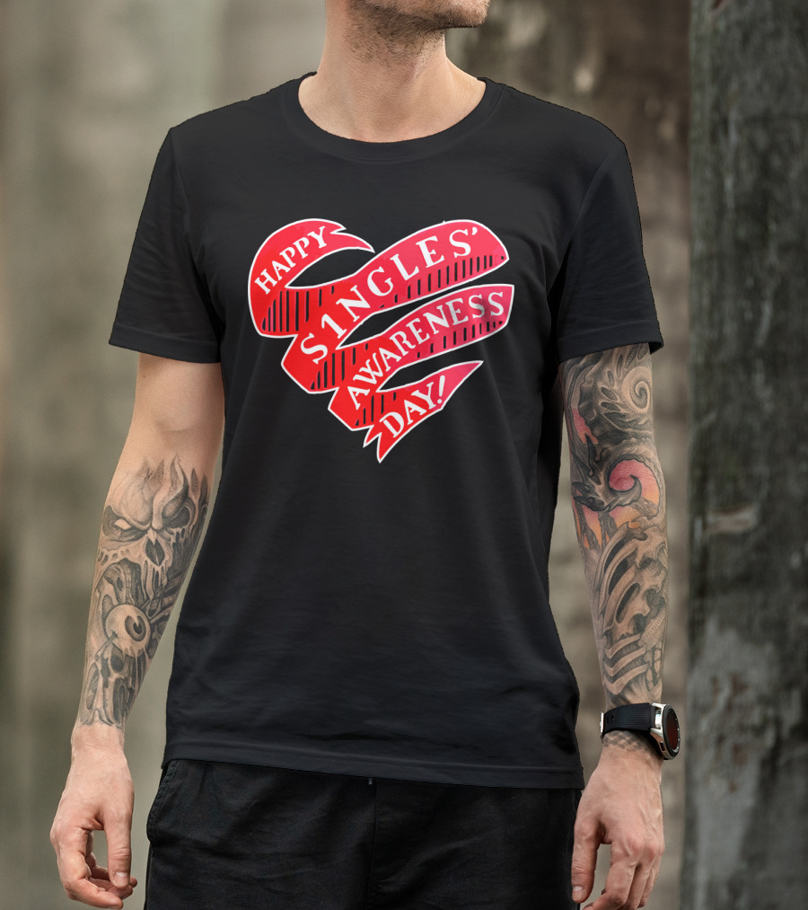 Happy Singles Awareness Day Red Ribbon Heart T-Shirt