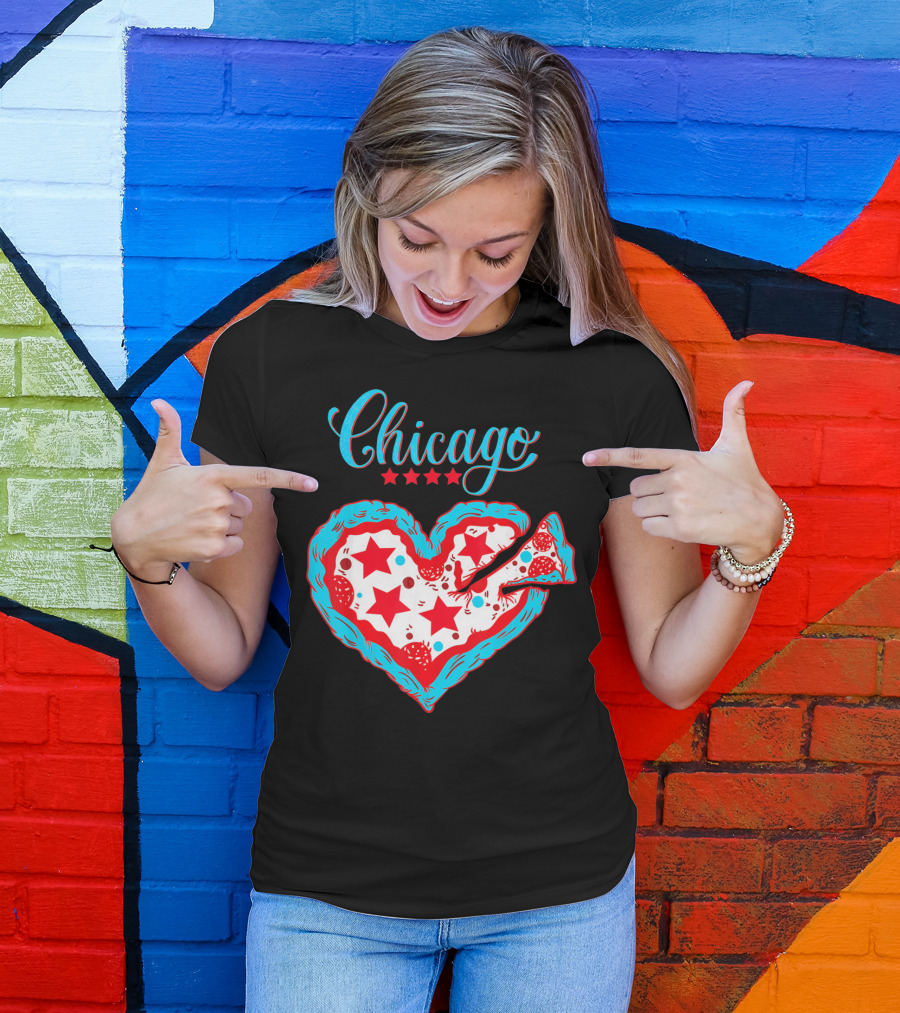 Chicago Heart Pizza Stars Valentines Day T-Shirt