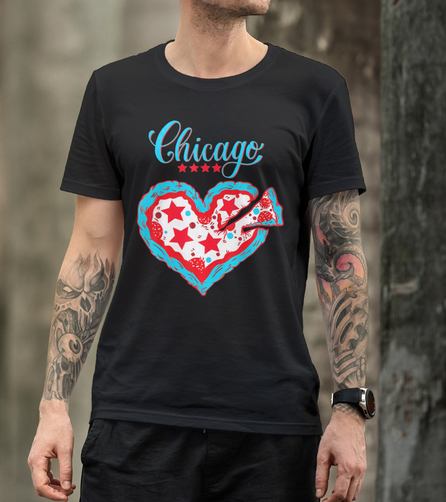 Chicago Heart Pizza Stars Valentines Day T-Shirt