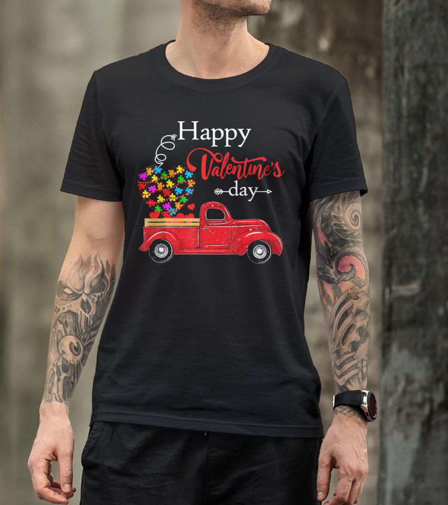 Happy Valentine's Day Truck With Colorful Heart Puzzles T-Shirt