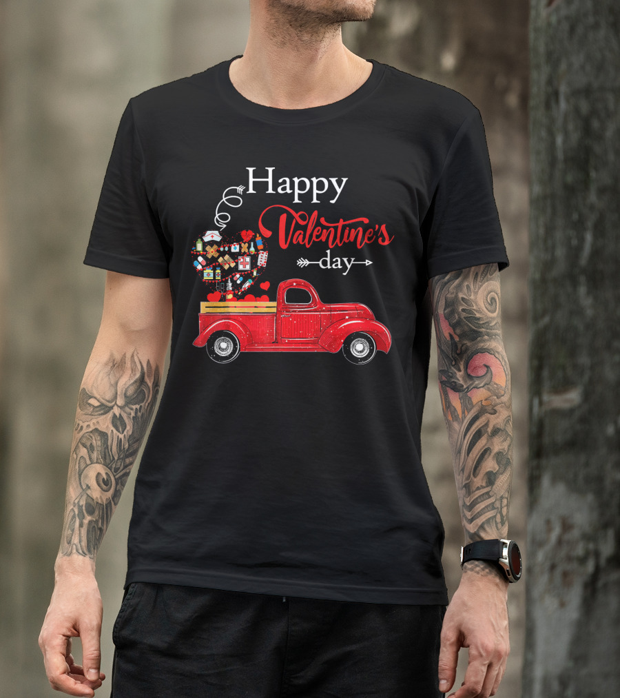 Happy Valentine's Day Red Truck With Heart-Shaped Balloons And Gifts T-Shirt