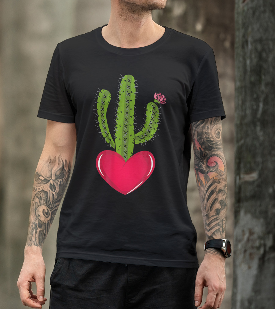 Heart And Cactus Flower Cacti Lovers Romantic Spiny Plant T-Shirt