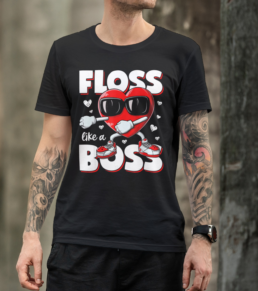 Floss Like A Boss Heart With Sunglasses Valentines Day T-Shirt