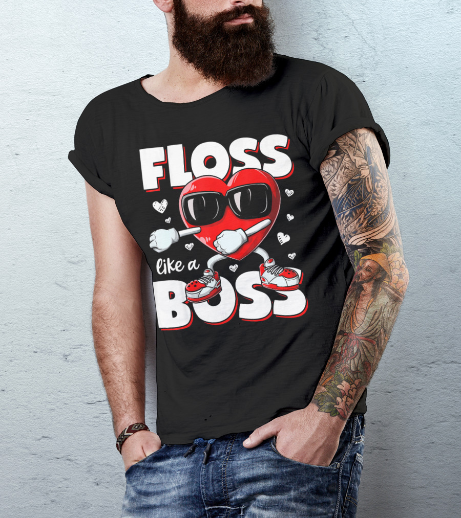 Floss Like A Boss Heart With Sunglasses Valentines Day T-Shirt