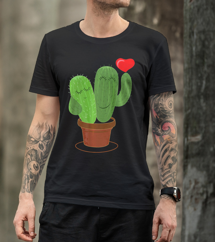 Smiling Cactus Couple With Heart Balloon For Cacti Lovers T-Shirt