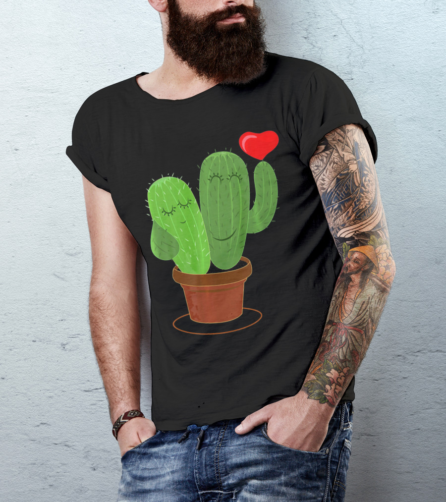 Smiling Cactus Couple With Heart Balloon For Cacti Lovers T-Shirt