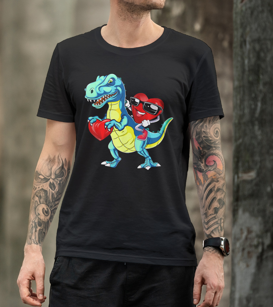 Valentine Heart With Sunglasses Riding Dinosaur With Heart T-Shirt