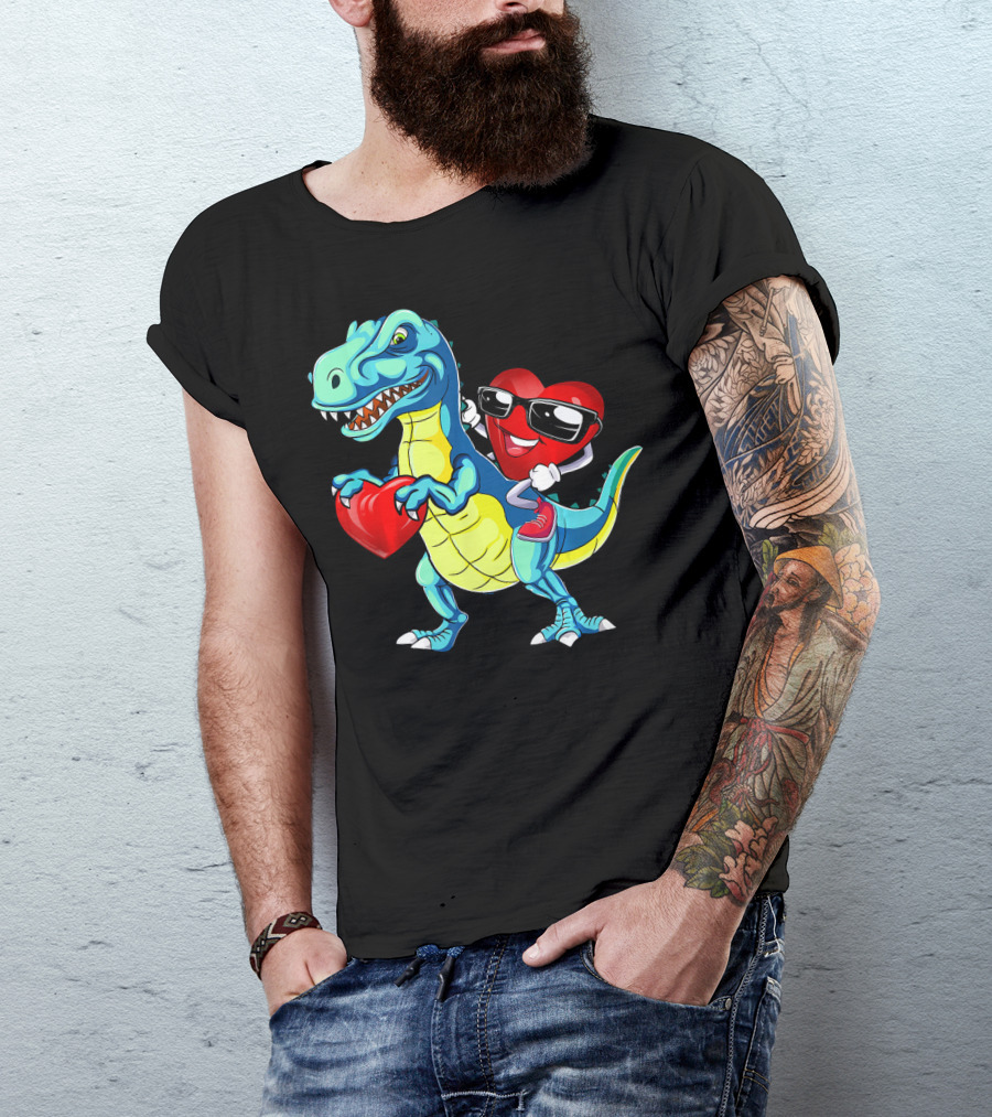 Valentine Heart With Sunglasses Riding Dinosaur With Heart T-Shirt