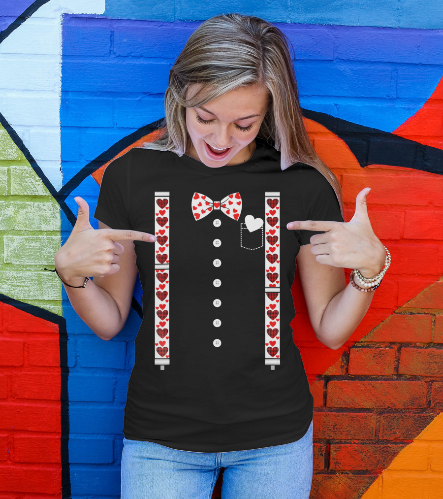 Hearts Bow Tie Suspenders Valentine's Day T-Shirt