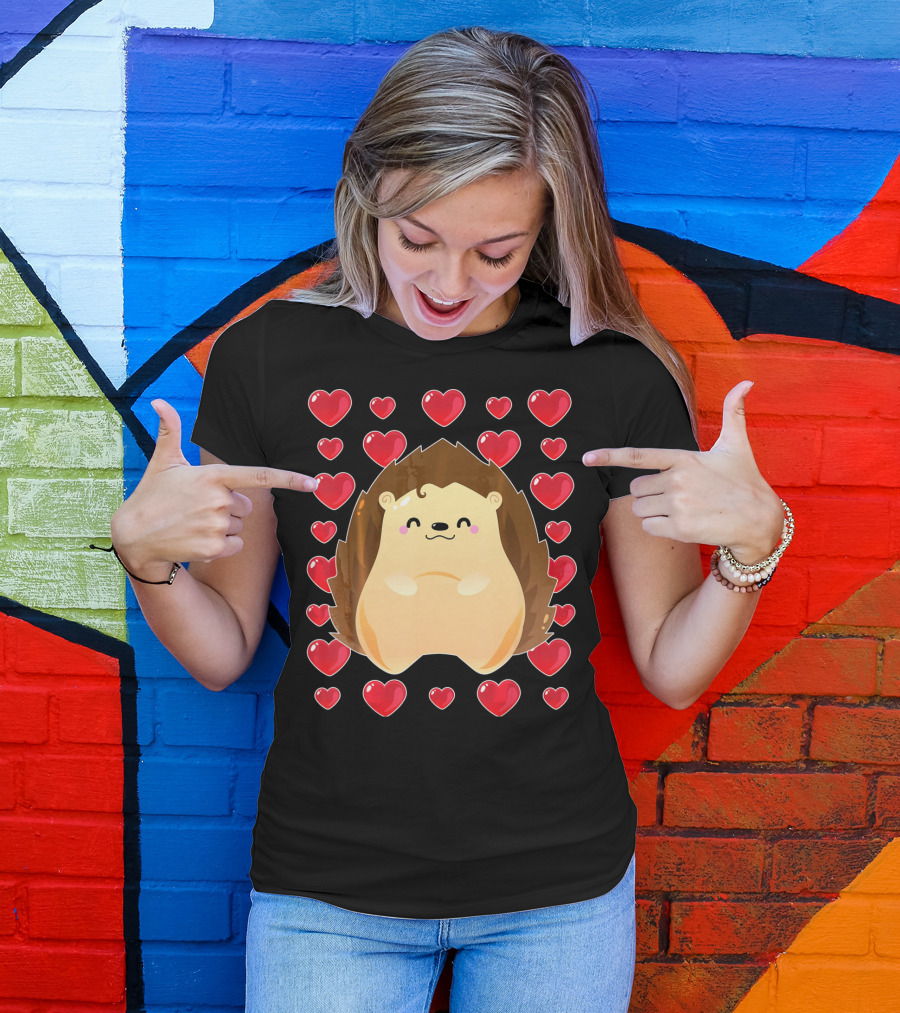 Hedgehog Surrounded By Hearts For Valentines Day T-Shirt