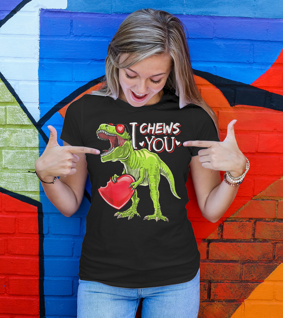 I Chews You Valentine Rex Dinosaur Holding Heart With Red Glasses T-Shirt