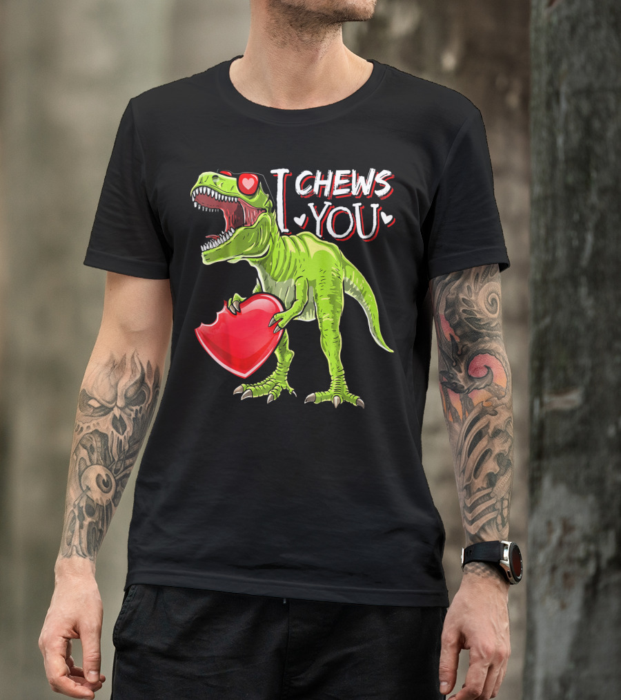 I Chews You Valentine Rex Dinosaur Holding Heart With Red Glasses T-Shirt