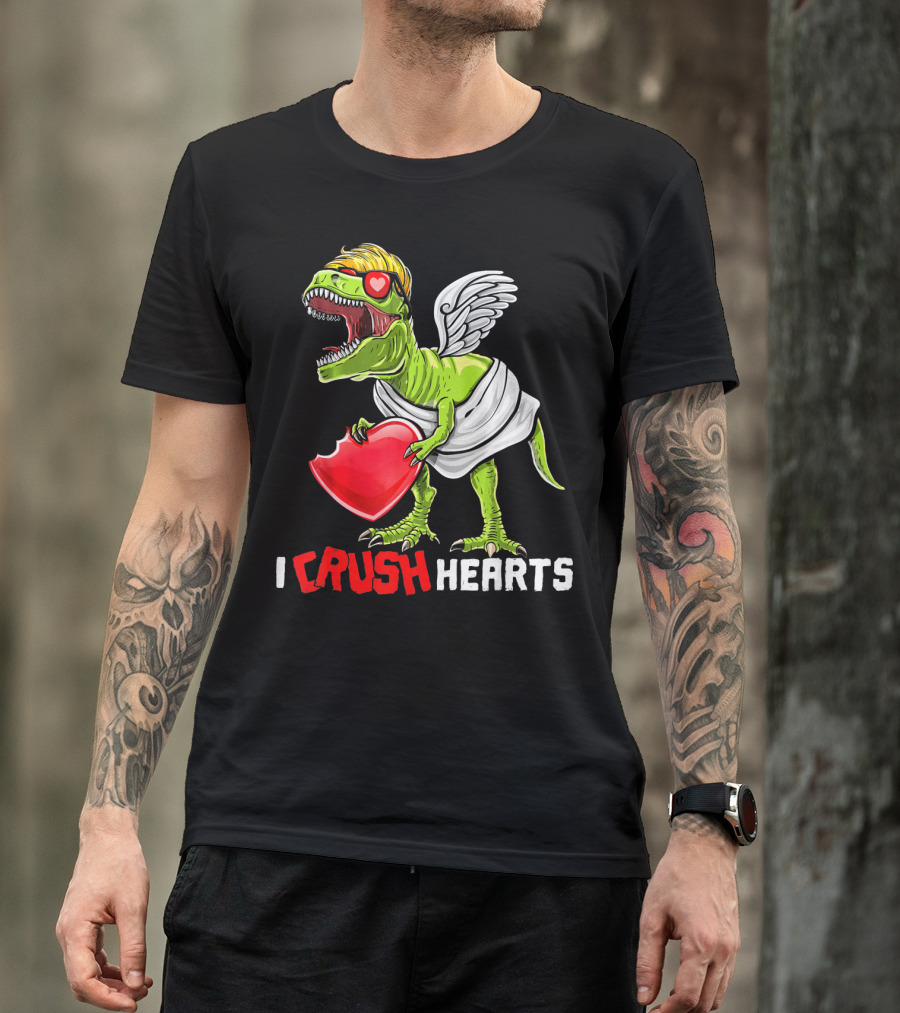 I Crush Hearts Valentine Day T-Rex With Wings And Heart T-Shirt