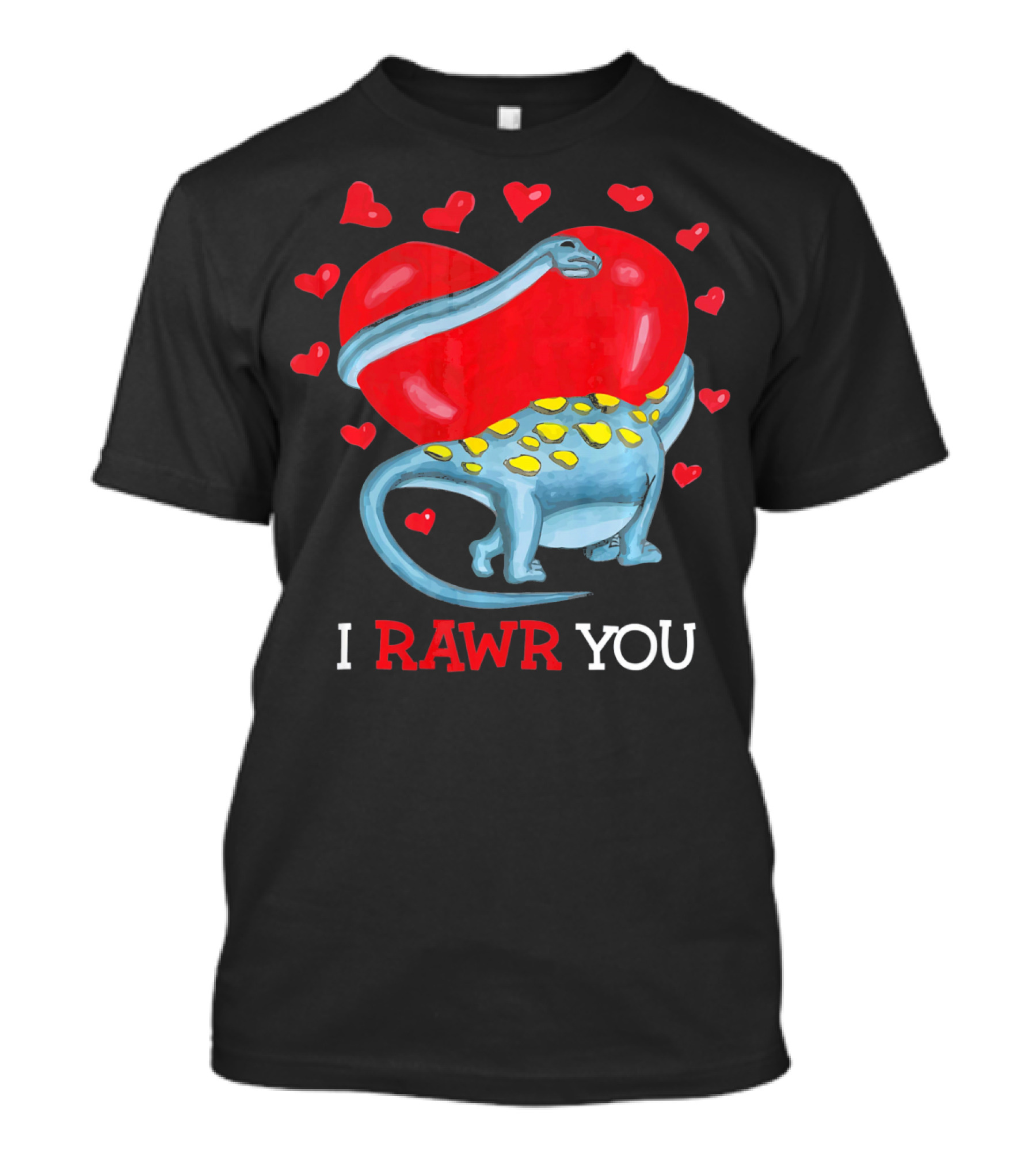 I Rawr You Funny Valentines Day Dinosaur With Hearts And Blue Dinosaur Hugging Red Heart T-Shirt