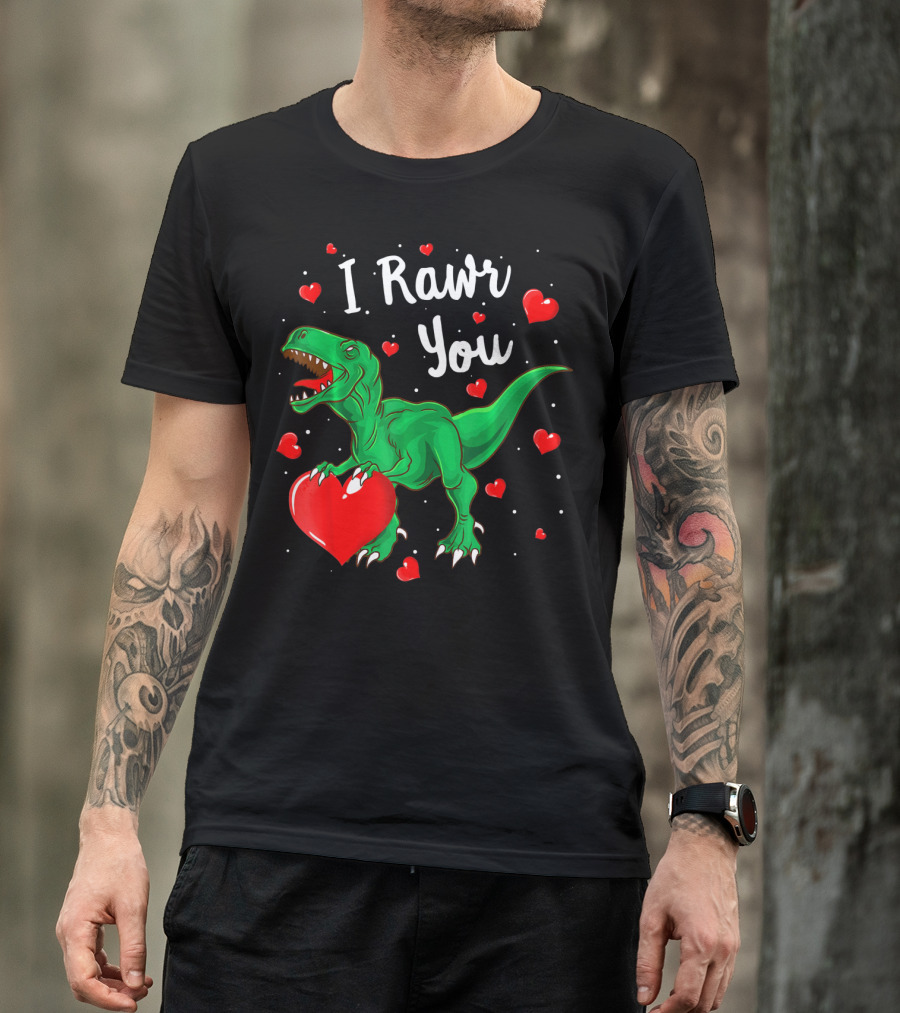 I Rawr You Dinosaur Valentine Green T-Rex With Red Hearts T-Shirt