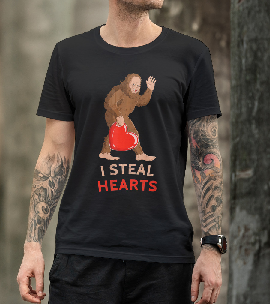 I Steal Hearts Bigfoot Valentine's Day Funny Sasquatch Image T-Shirt