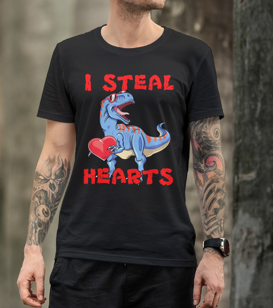 I Steal Hearts Dinosaur Valentines Red Heart Sunglasses T-Shirt