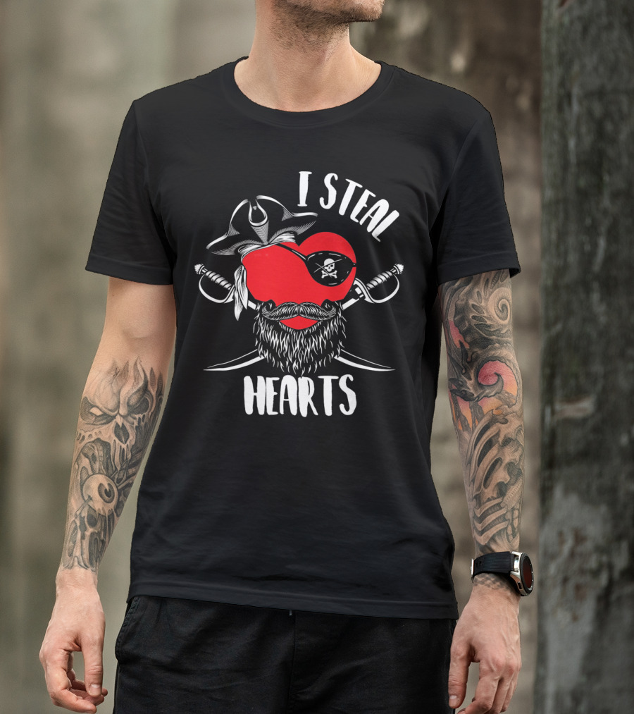 I Steal Hearts Funny Valentines Day Pirate Beard Patch Swords T-Shirt