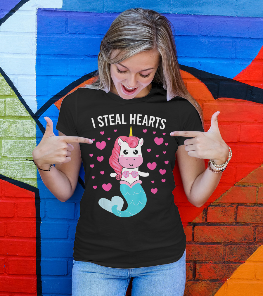 I Steal Hearts Cute Mermaid Unicorn Valentine Hearts T-Shirt