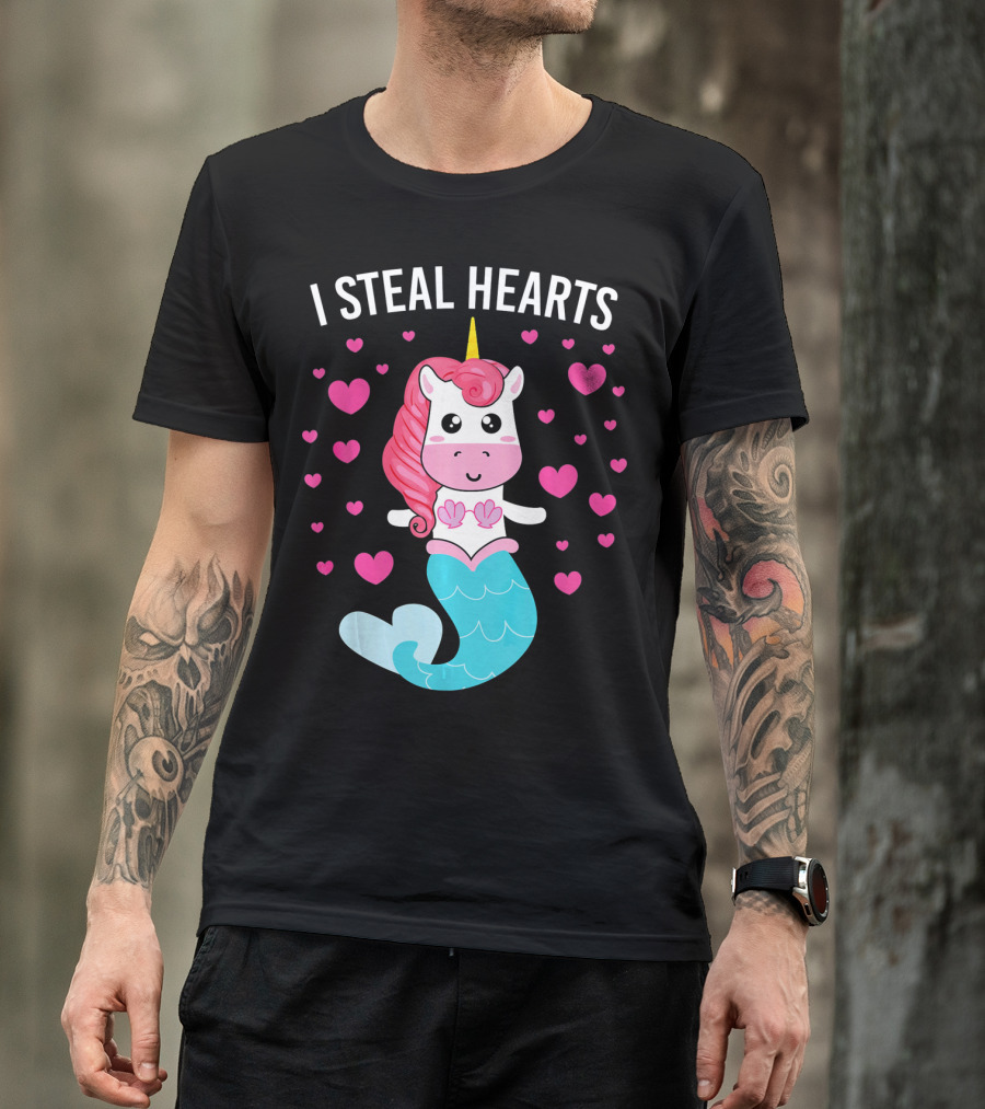 I Steal Hearts Cute Mermaid Unicorn Valentine Hearts T-Shirt
