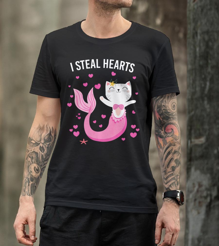 I Steal Hearts Purrmaid Cat Mermaid With Pink Hearts T-Shirt